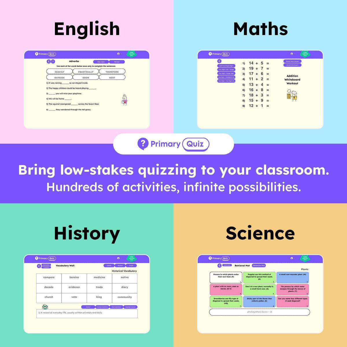Make Learning Stick with @PrimaryQuiz!

Puzzles, problems, games and quizzes to engage your pupils and make learning stick.

Try for our free on our website to learn more: buff.ly/45xXaIi 

#Education #Maths #English #History #Science #Classroom #PrimarySchools