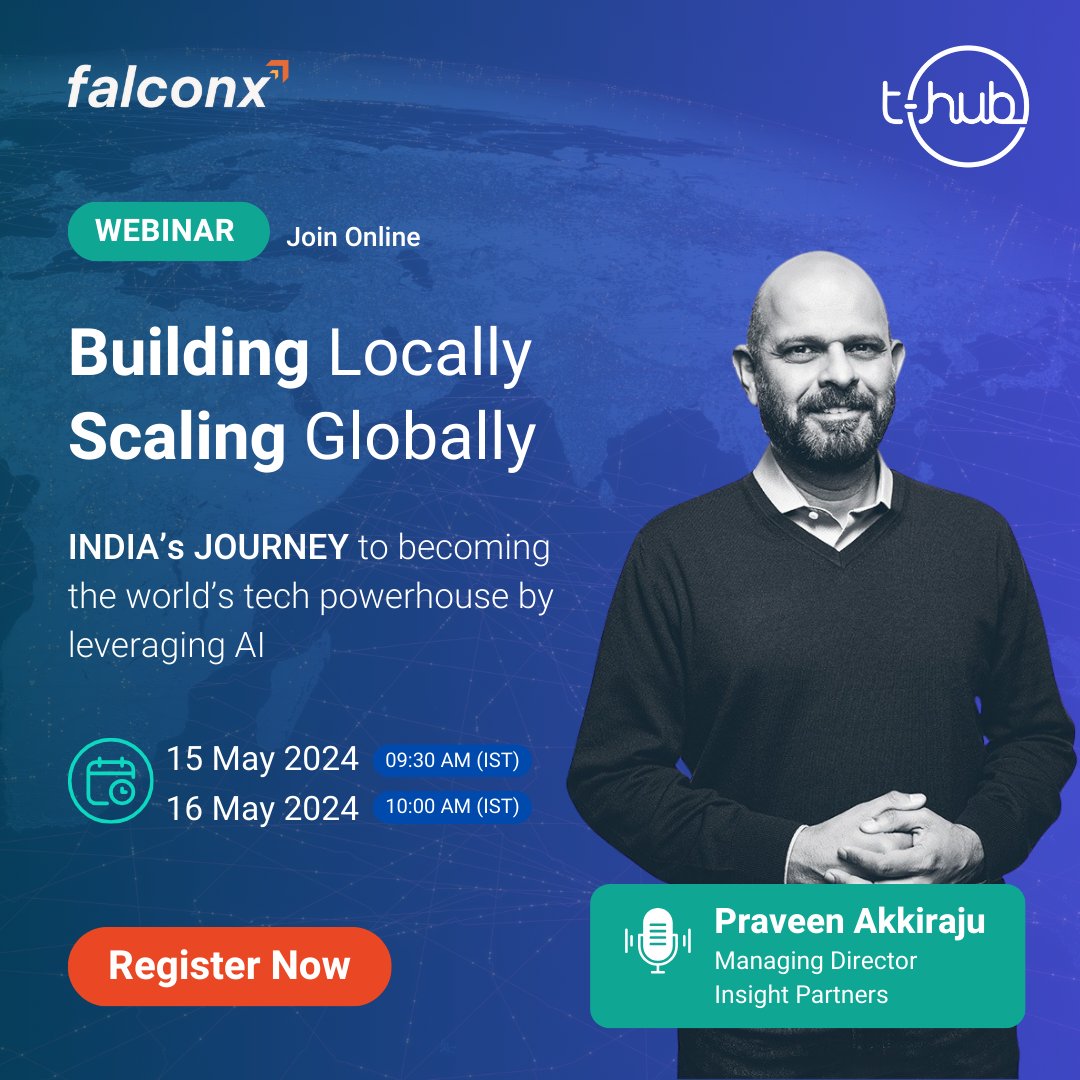 Building Locally, Scaling #Globally: How #India Will Become the World’s Next #Tech Powerhouse. Join FalconX in partnership with T-Hub for an enlightening #webinar hosted by Praveen Akkiraju, Managing Director at Insight Partners. Register for Free: lu.ma/gotd0a1l