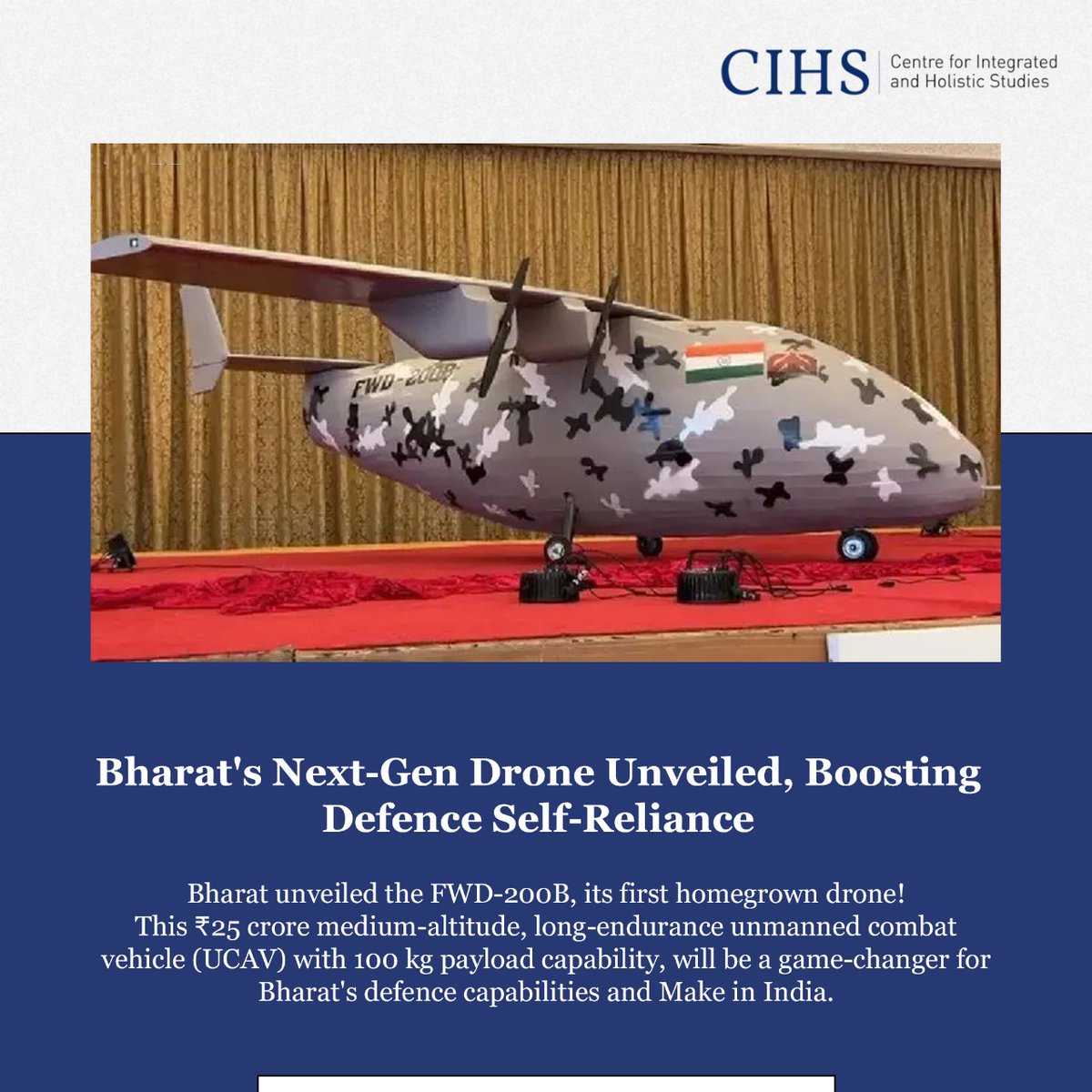 Bharat unveiled the FWD-200B, its first homegrown drone! This ₹25 crore medium-altitude, long-endurance unmanned combat vehicle (UCAV) with 100kg payload capability, will be a game-changer for Bharat's defence capabilities and #MakeInIndia. @DefenceMinIndia @makeinindia #Bharat…