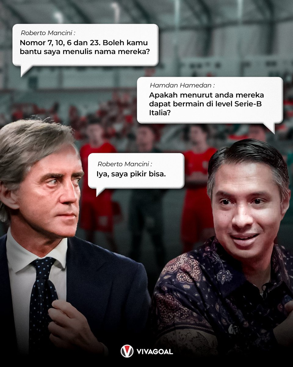 Melalui akun instagram Ahli Kemenpora Bidang Diaspora dan Kepemudaan Kemenpora RI Hamdan Hamedan, eks pelatih Manchester City dan Timnas Italia, Roberto Mancini kedapatan tertarik dengan beberapa pemain Timnas U-23! Apa jadi pertanda akan ada yang abroad ke Serie B? 👇