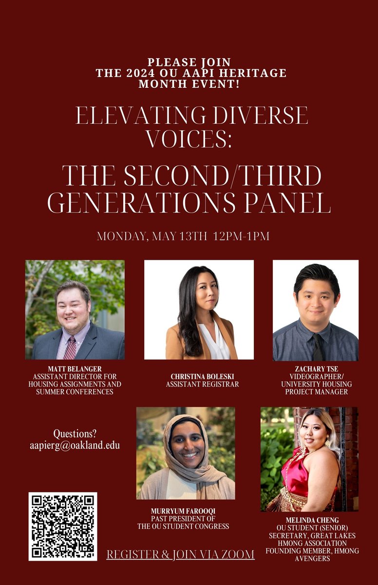 For #AAPIHeritageMonth, we're showcasing the stories and experiences of five incredible OU staff and students. #ThisisOU

Monday, 5/13 12pm-1pm EST

Register and join via Zoom: oakland-edu.zoom.us/meeting/regist…