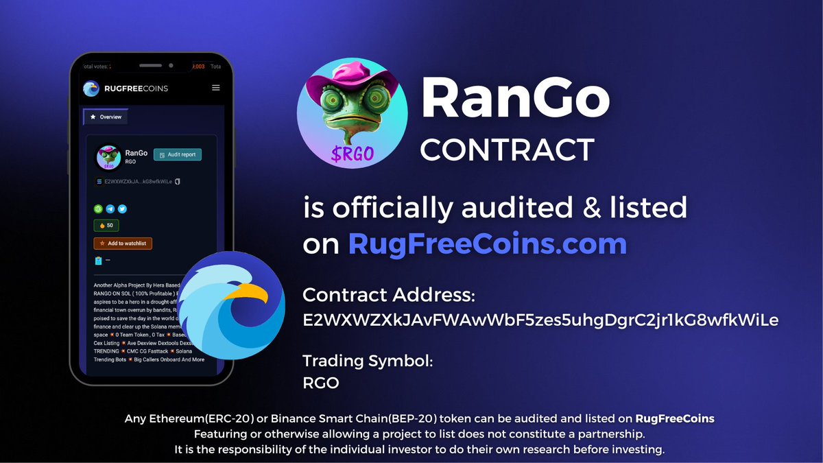 ' @RGO_SOL ' has been fully audited and listed on RugFreeCoins. Scored: 9.1/10 rugfreecoins.com/coin-details/2… #Rugfreetokens #Rango #audit #SOL #web3 #Solana #Crypto