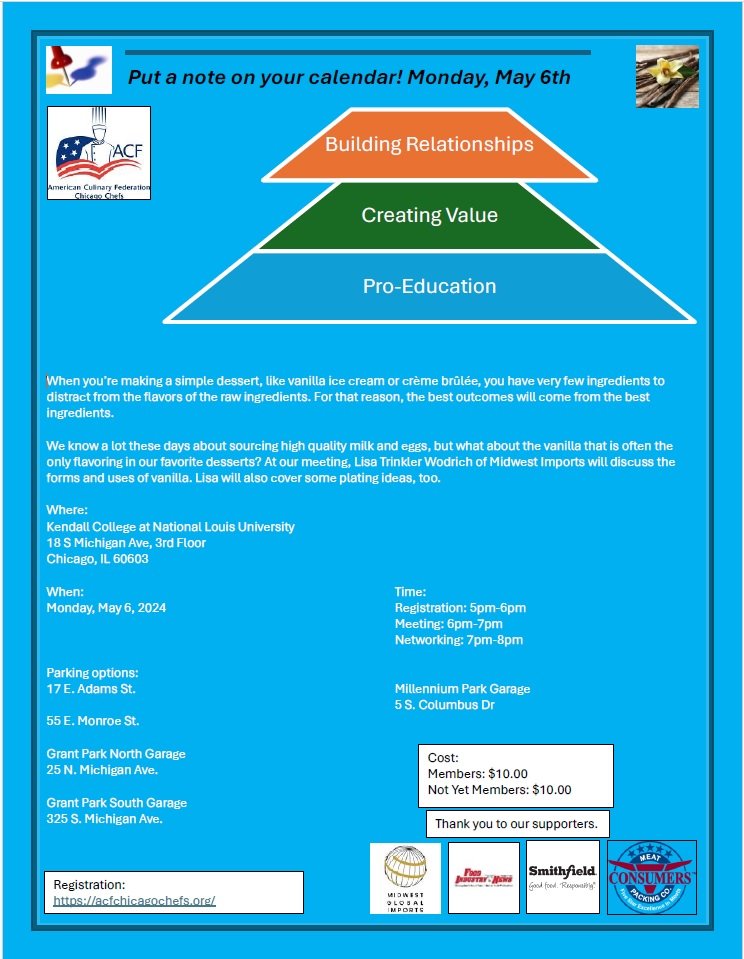 ACFChicagoChefs's tweet image. May 2024 meeting

We know a lot these days about sourcing high quality milk and eggs, but what about the vanilla that is often the only flavoring in our favorite desserts? At our meeting, Lisa Trinkler Wodrich of Midwest Imports will discuss the forms and uses of vanilla.
Kendall…