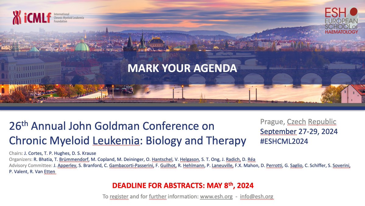Don't forget, you have until this Wednesday 8th to submit your abstract for the 26th Annual John Goldman Conference on #CML. You can submit here: buff.ly/4aCCsZN #eshcml2024 #CML #iCMLf #ChronicMyeloidLeukemia