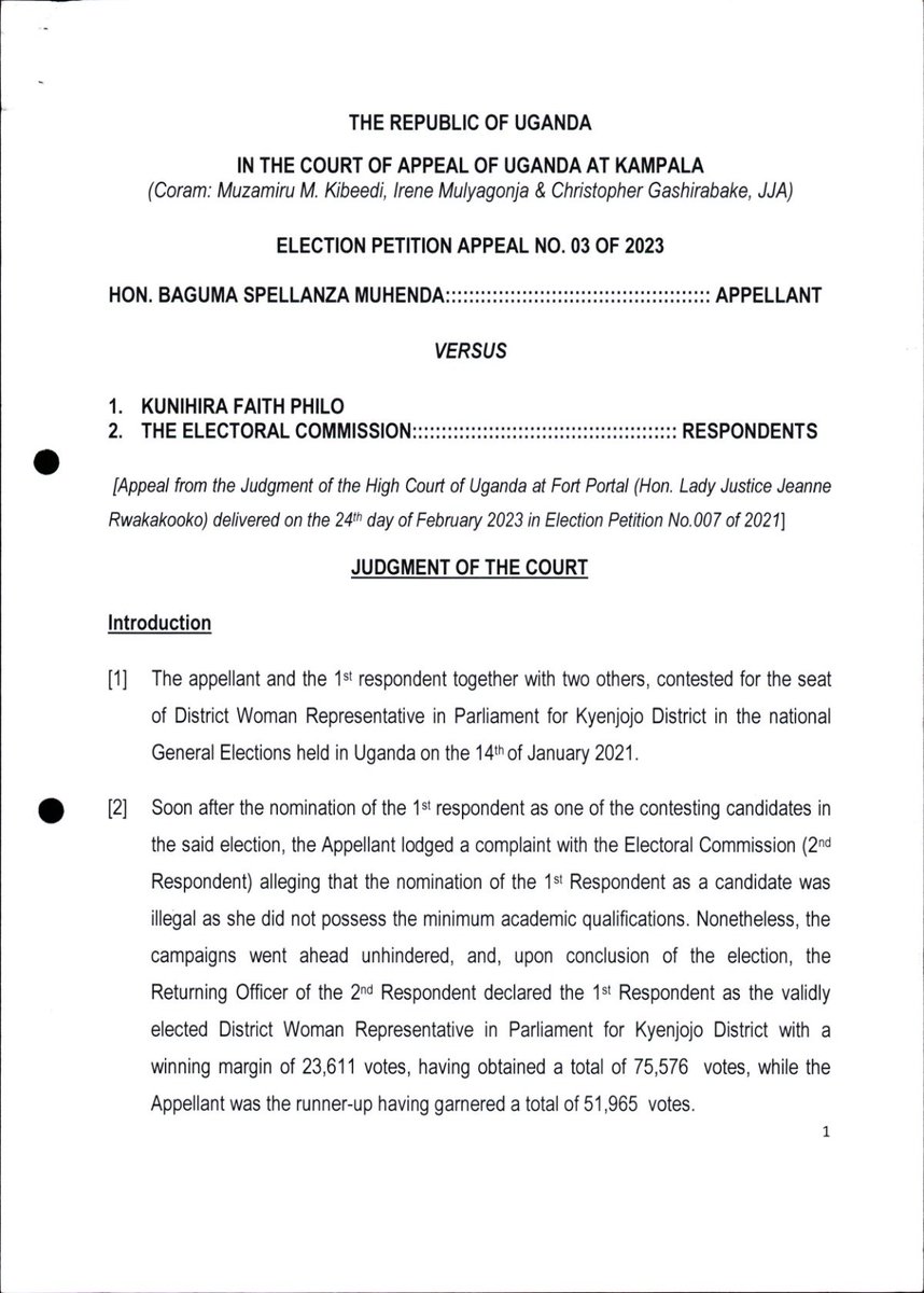 Court of Appeal Dismisses Hon: Muhenda Election Petition✍️Remedy was 2 Appeal Decision of @UgandaEC 2 High Court✍️ Estopped from raising issue of academic qualifications in Petition challenging  election results after she had raised the same b4 E.C✍️A139(1) is subject to A61(1)⏬