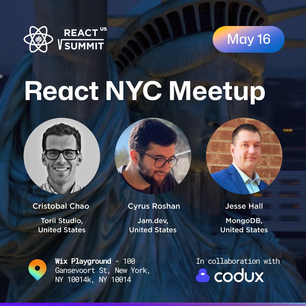 Meet our speakers for the upcoming #ReactNYCMeetup 🗽

• @crchao - Accelerating Design & Development Innovation with AI-driven Tools
• @cyrusroshan - Borrowing Abstractions from the Internet
• @codeSTACKr - Off with Their Heads: Rise of the Headless Components

💡 Eager to…