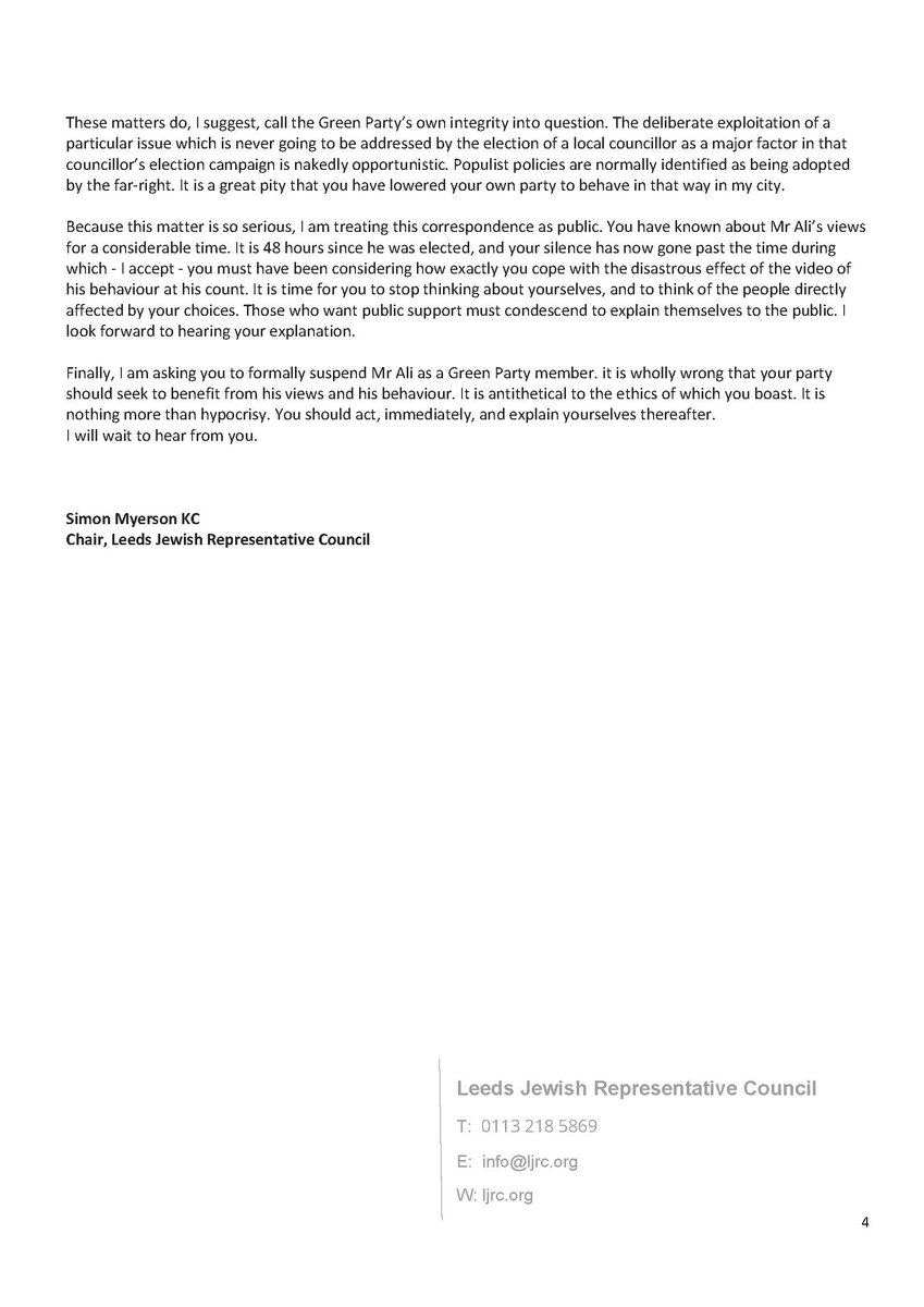 Leeds Jewish Representative Councils has today written to the co-leaders of the Green Party regarding Councillor Mothin Ali. We look forward to receiving their response