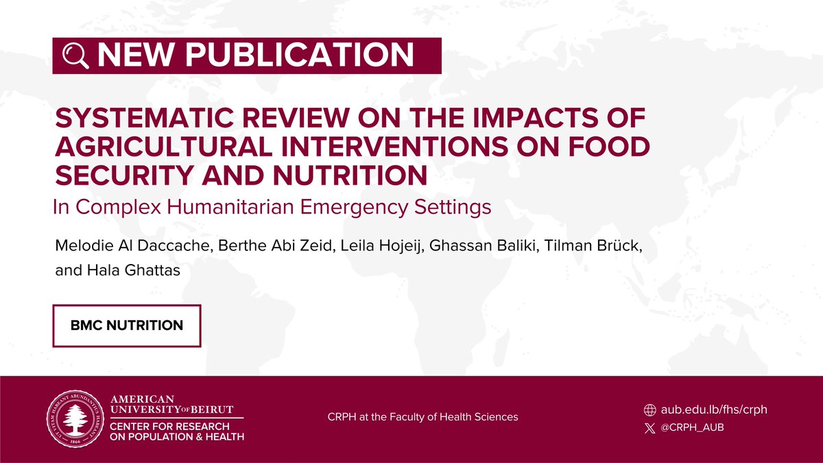 📢New @CRPH_AUB publication! A systematic review on the impacts of agricultural interventions on food security and nutrition in complex humanitarian emergency settings. Check this out 🔗 aub.edu.lb/fhs/center-for…