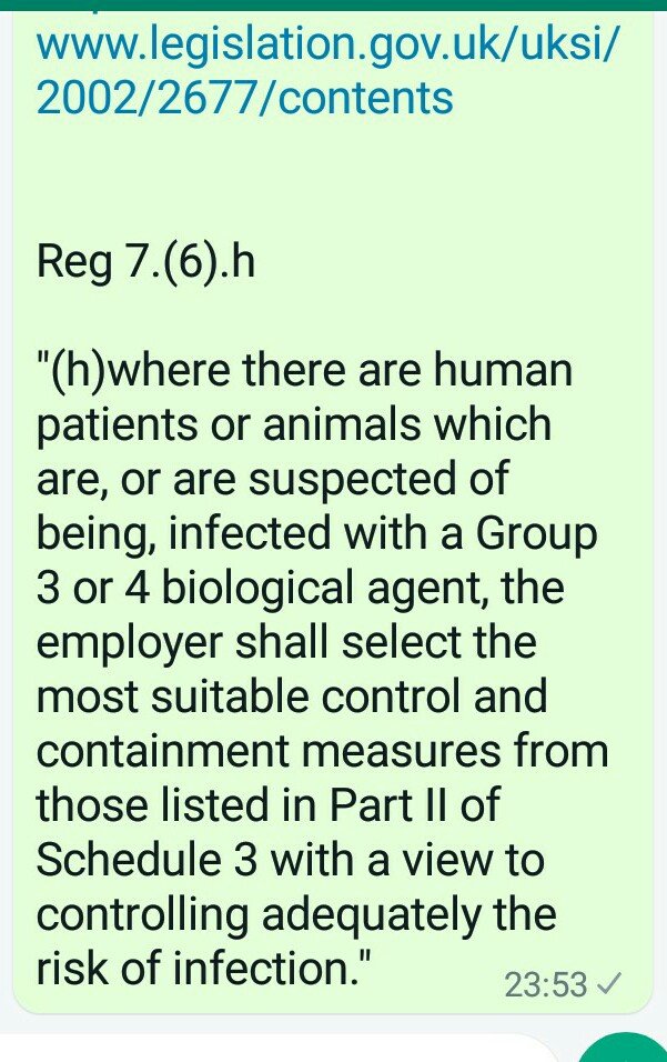 100% Correct Dr Rebecca & not only that but it is illegal according to COSHH
See Reg 7.6.h👇
Following two visits in 1 week to hospital (wearing N95 one time & FFP3 on 2nd time) I brought back Covid to my wife having successfully shielded her for previous 3yrs
Died 6 Dec 2022