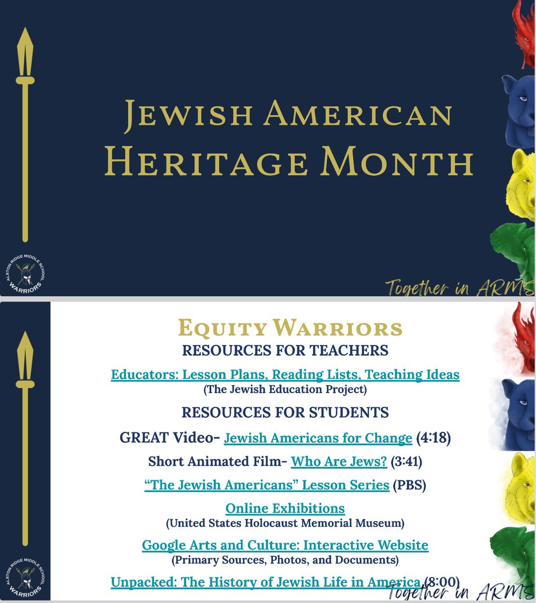 AlstonRidgeMS's tweet photo. May is Jewish Heritage Month ~ Excited to share these resources with our faculty and staff. #togetherInARMS https://t.co/8jbjWZXHMz