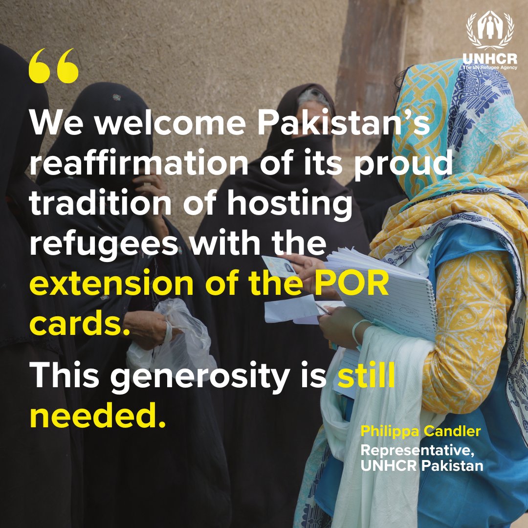 UNHCR welcomes the extension of the Proof of Registration cards for #AfghanRefugees in Pakistan. We look forward to continuing to work together with the Government in search of sustainable, longer term solutions for Afghans, as well as driving support to host communities.