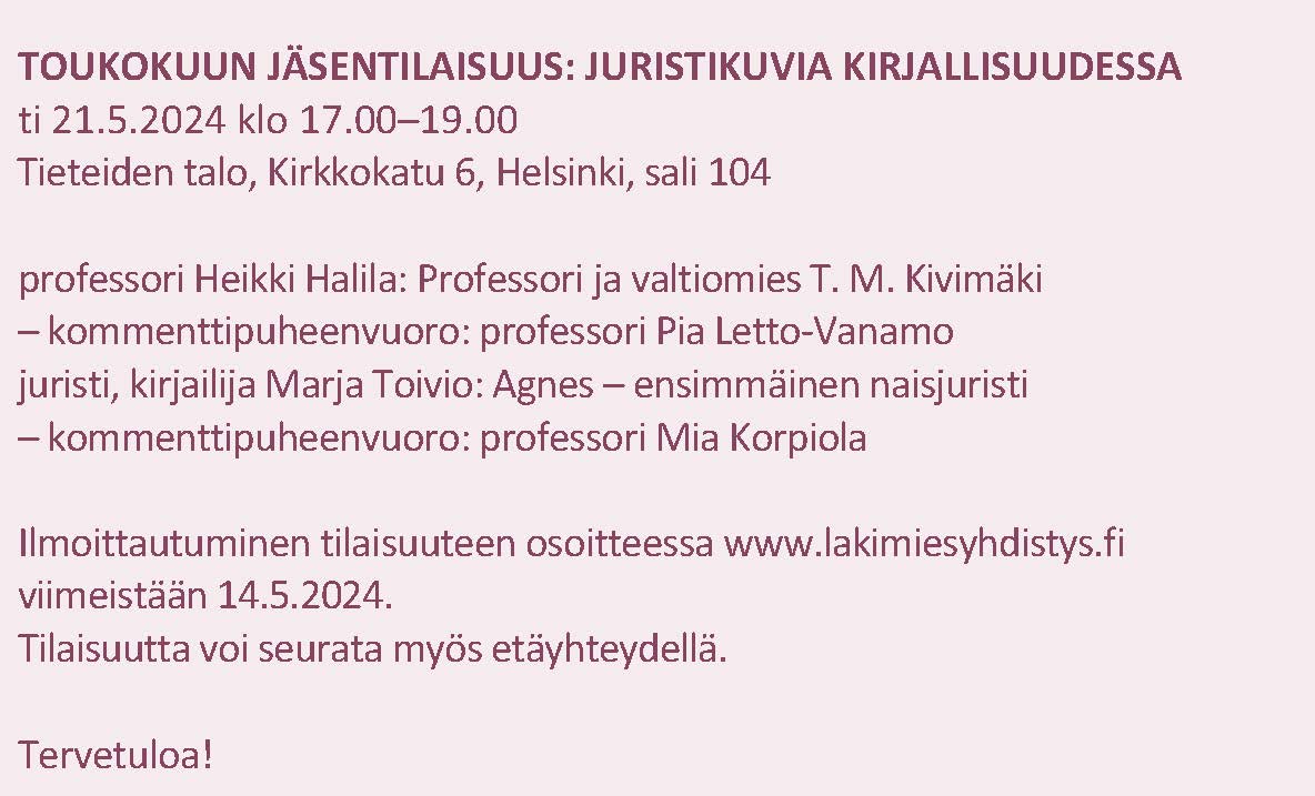 Lakimiesyhdistyksen toukokuun kokous 21.5.2024 klo 17.00 Tieteiden talolla: keskustelua kevään uutuuskirjoista. @Lakimiesyhdisty #oikeustiede #juristiprofessio