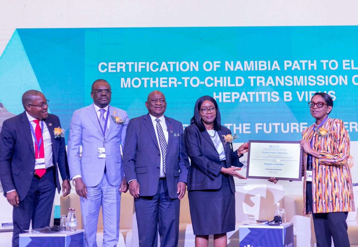 In a historic public health achievement, Namibia was today certified the first 'high burden' country in the world to reach a significant milestone on the path to the elimination of mother-to-child transmission of hepatitis B. Read more⬇️ : afro.who.int/news/namibia-r…