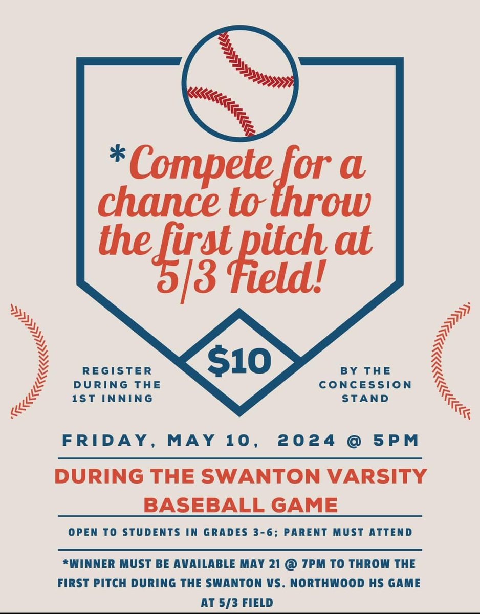SwantonBaseball's tweet image. Friday, we will be having a fundraiser honoring Scott Siewert.
We will be having a pitching contest for students in grades 3-6. A $10 donation will get you entered and the Winner will be able throw out the ceremonial first pitch at Swanton Baseball’s game May 21st at 5/3 Field!
