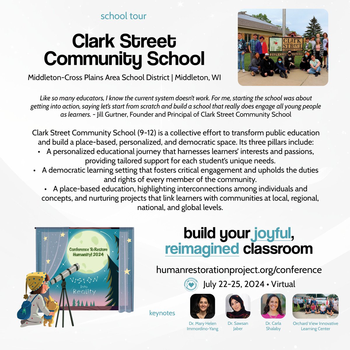 We are incredibly excited to showcase Clark Street Community School (Middleton, WI) at Conference to Restore Humanity! 2024. Learn more about our keynotes & virtual school tours: humanrestorationproject.org/conference Turning vision into reality. July 22-25 | Virtual #restorehumanity