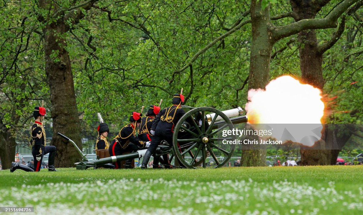 Members of The King’s Troop Royal Horse Artillery fire a 41 Gun salute in Green Park to celebrate the Anniversary of the Coronation of King Charles III and Queen Camilla