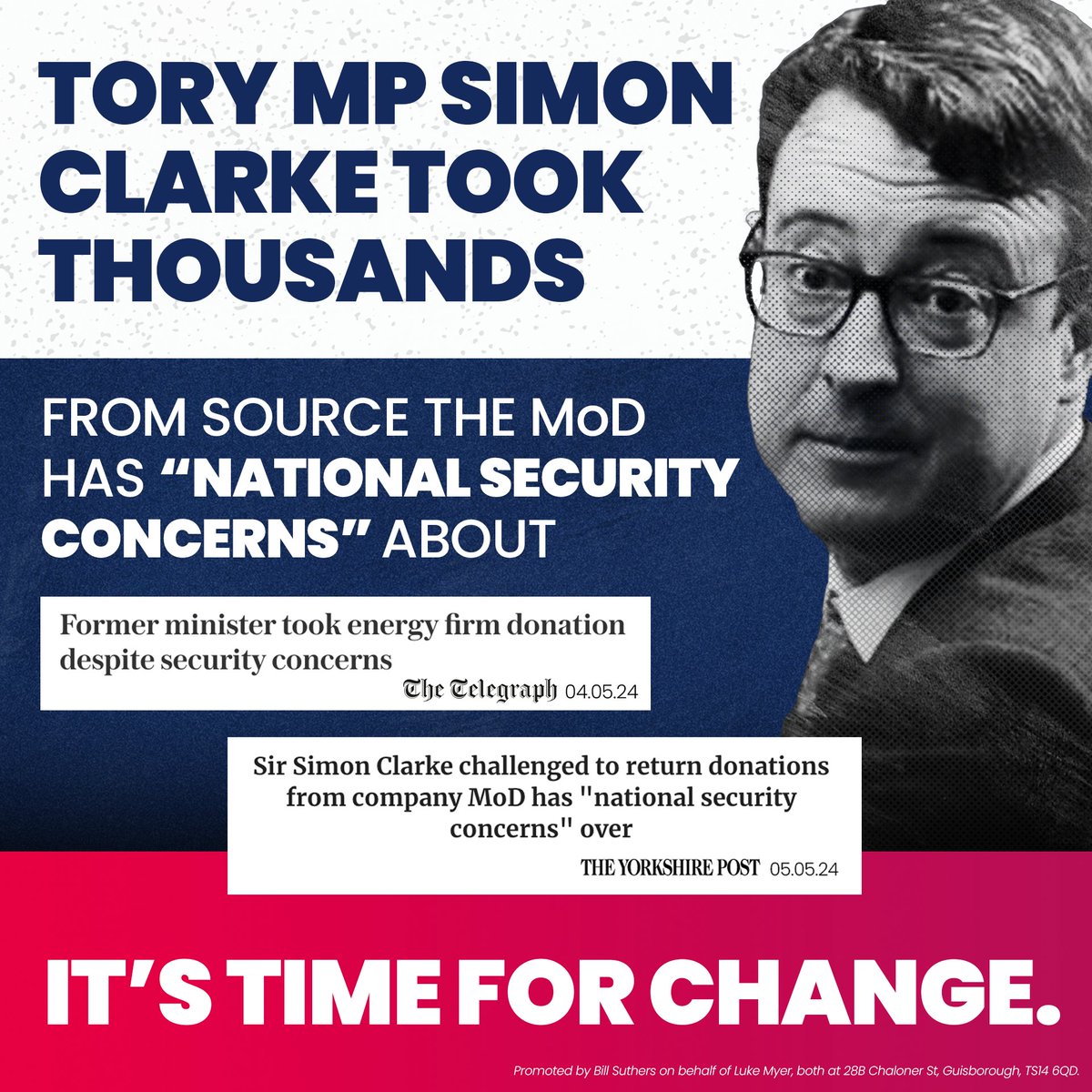 The @Telegraph @YorkshirePost have raised alarms over Simon Clarke's donations. He took thousands from a company AFTER @DefenceHQ raised 'significant national security concerns' about it. He thinks he can buy your vote- and he doesn't appear to care where the money comes from.