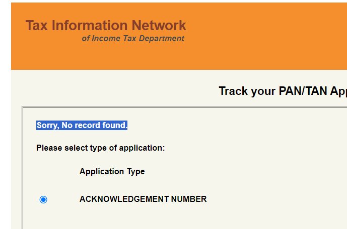@ProteanEgovTech Registered for a new PAN card on May 2, 2024, received an acknowledgment number, but today, the website shows 'No record found'. Need immediate assistance to resolve this! Attached screenshot for reference. #PANCard #HelpNeeded'