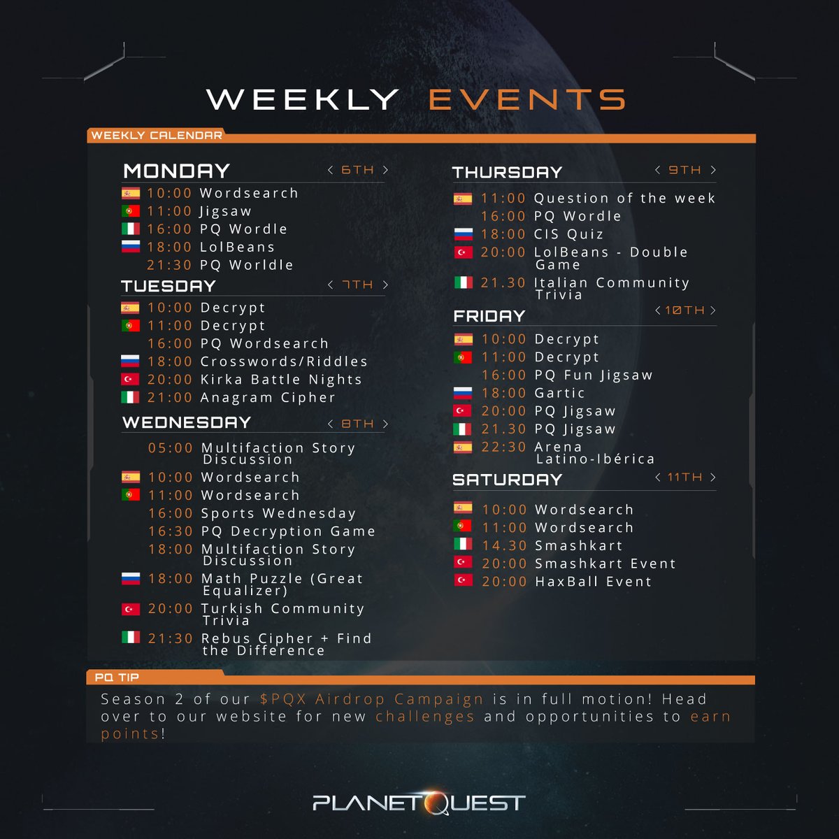 Here is the schedule of events in the <a href="/joinplanetquest/">PlanetQuest</a> community where you can earn points to get #NFT and $PQX.