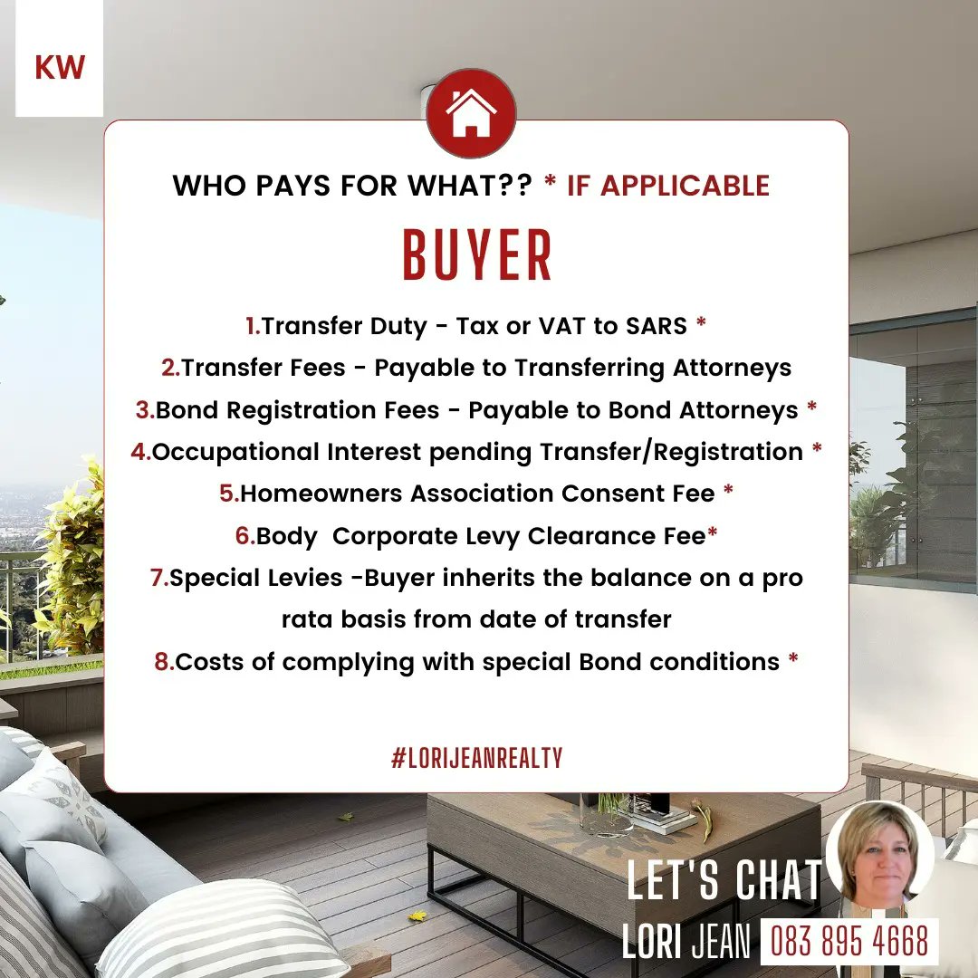 lorijean23's tweet image. Purchasing or Selling Property has costs involved.
Preferably ask your Relevant Professionals (Transferring &amp;amp; Mortgage Attorneys) for quotations directly from them. 
#SellingAHome #BuyingAHome 
#FLISP
#KellerWilliams
#capetown 
#southafrica
#realestate