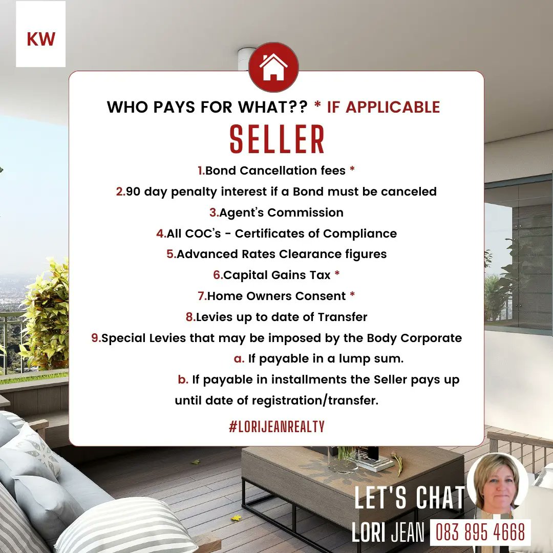 lorijean23's tweet image. Purchasing or Selling Property has costs involved.
Preferably ask your Relevant Professionals (Transferring &amp;amp; Mortgage Attorneys) for quotations directly from them. 
#SellingAHome #BuyingAHome 
#FLISP
#KellerWilliams
#capetown 
#southafrica
#realestate