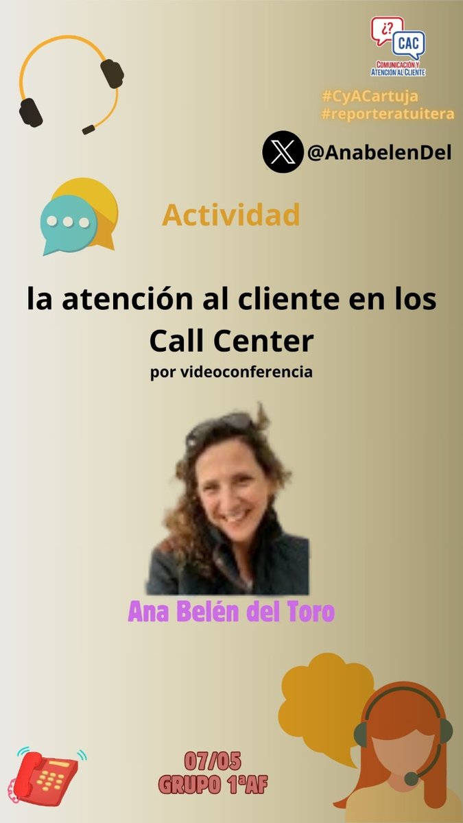 Buenas, Mañana nos vamos a contar con una gran profesional con una experiencia superior a los 28 años, de una multinacional, Philip Morris, Ana Belén del Toro @AnabelenDel sobre la atención al cliente en los Call Center.
#CyACartuja
#reporteratuitera