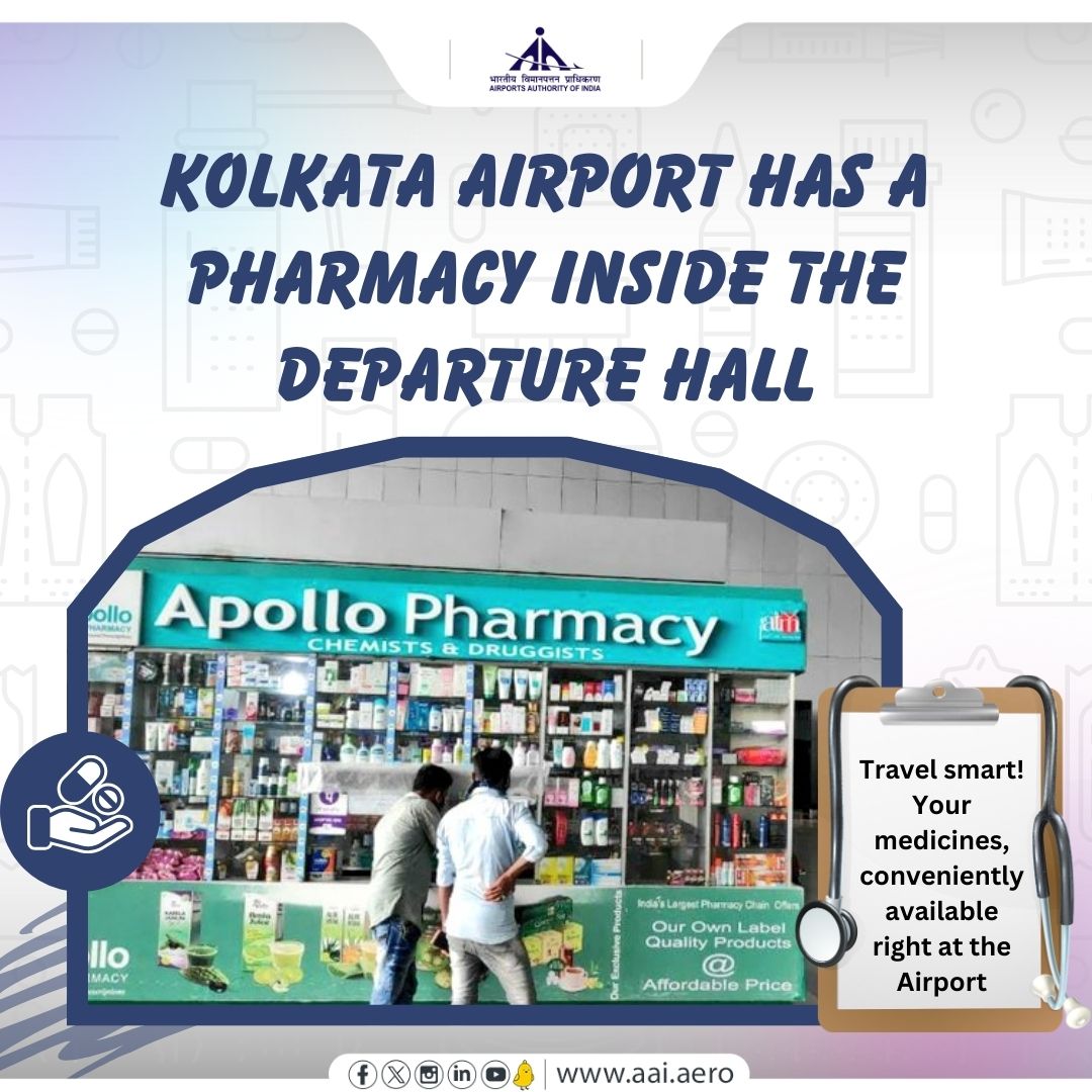 Did you know there's a pharmacy right inside the departure hall at Kolkata Airport? To meet the last minute first aid needs of the travelers, AAI’s NSCBI Airport, Kolkata @aaikolairport has a medicine shop inside the terminal. Passengers can now swiftly access a range of
