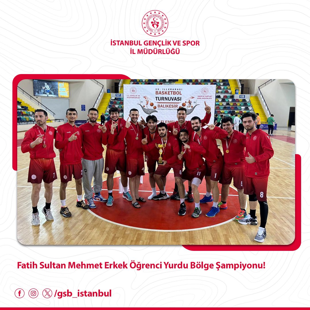 Gururluyuz! 👏🏻 Fatih Sultan Mehmet Erkek Öğrenci Yurdu Takımımız KYGM İller Arası 35. Basketbol Turnuvası’nda bölge şampiyonu oldu ve Türkiye finallerine gitmeye hak kazandı! 🏀🏆 Gençlerimizi tebrik ediyoruz.💐