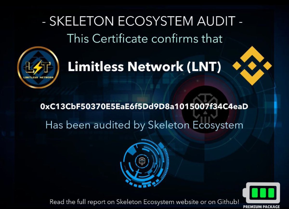Limitless Network (LNT) has officially been fully audited by SKELETON AUDITS @skeletonecosys and our smart contract has ranked in the “SAFE” category! 

This further gives investors the confidence that they are investing in a legitimate and safe project!

#Crypto #DeFi…