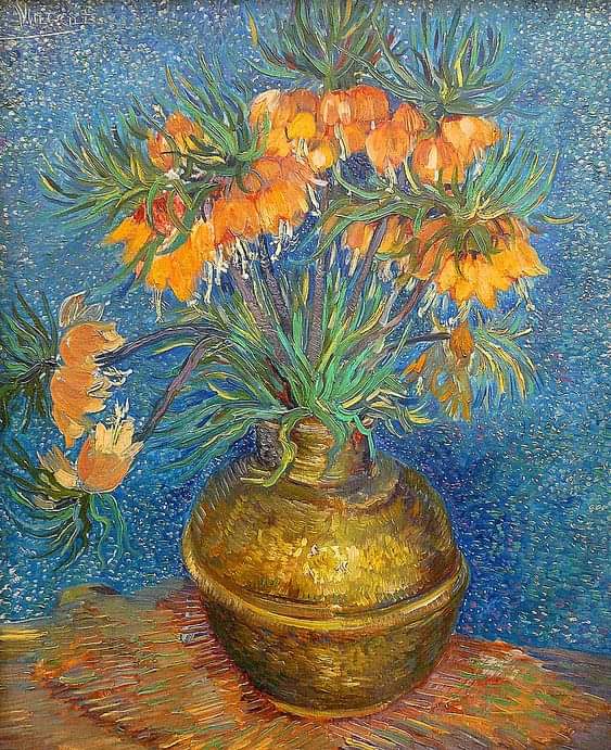 “How to stop time: kiss.
How to travel in time: read.
How to escape time: music.
How to feel time: write.
How to release time: breathe.”
~Matt Haig - Reasons to Stay Alive, 2015. 

Vincent Van Gogh, Fritillaries in a copper Bowl