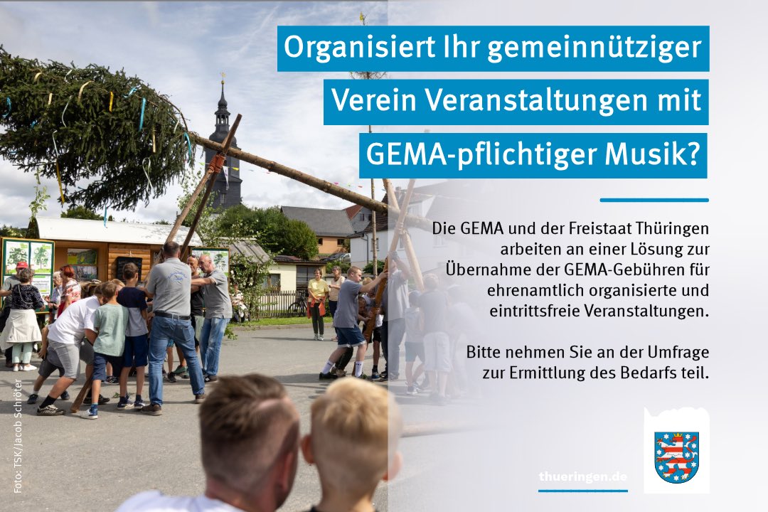 Stärkung des Ehrenamtes im Freistaat Thüringen durch Übernahme der @gema_news-Gebühren – Anmeldung ab jetzt möglich! 🤝 Ehrenamtlich tätige Vereine, Organisationen und Einrichtungen leisten mit ihrem Engagement einen wichtigen Beitrag zum gesellschaftlichen Leben im Freistaat…