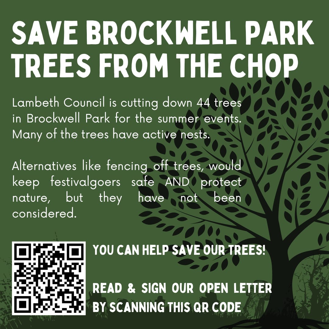 Hi @helenhayes_ , have you spoken to @lambeth_council about their just announced plans to chop down 44 trees in #BrockwellPark this wk, just before the upcoming music festivals? Many birds & other wildlife are living in these trees & its not legal to fell trees used for nesting
