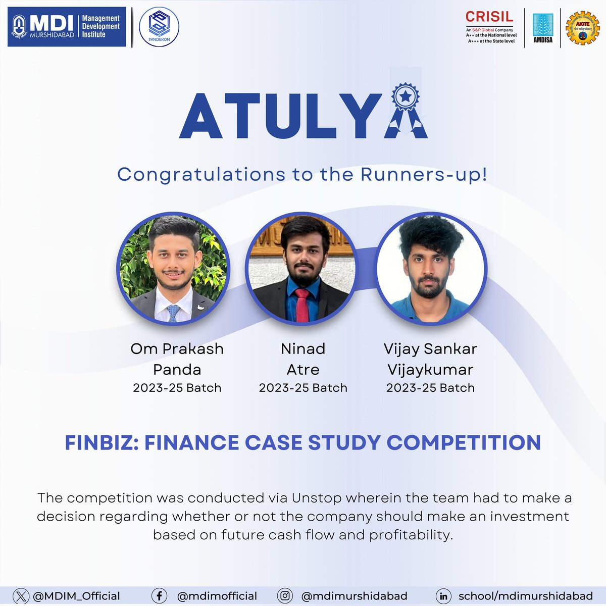 With immense pride, #MDIM announces that Om Prakash Panda, Ninad Atre & Vijay Sankar Vijaykumar of the 2023-25 batch, have secured the Runners-up position in #FinBiz, a national level finance case study #competition conducted via #Unstop.
#MBA #MDI #Management