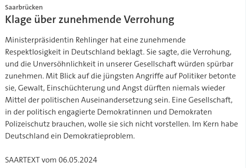 #SKK20240506 #SAARTEXT Ministerpräsidentin Rehlinger hat eine zunehmende Respektlosigkeit in Deutschland beklagt. | #Saarland #Saarbrücken #Ministerpäsidentin @AnkeRehlinger #Verrohung #Demokratieproblem #Polizeischutz