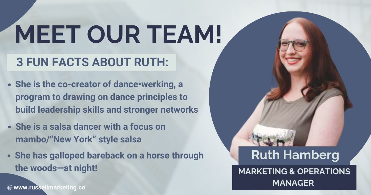 Meet the Members of Russell Marketing! 🚀

Ruth is our Marketing & Operations Manager. 💕

Read the thread to get to know Ruth with our fast Q&A!

Visit our website to see the rest of our team!
russellmarketing.co/#team

#russellmarketing #meettheteam #ourteam #teamintroduction