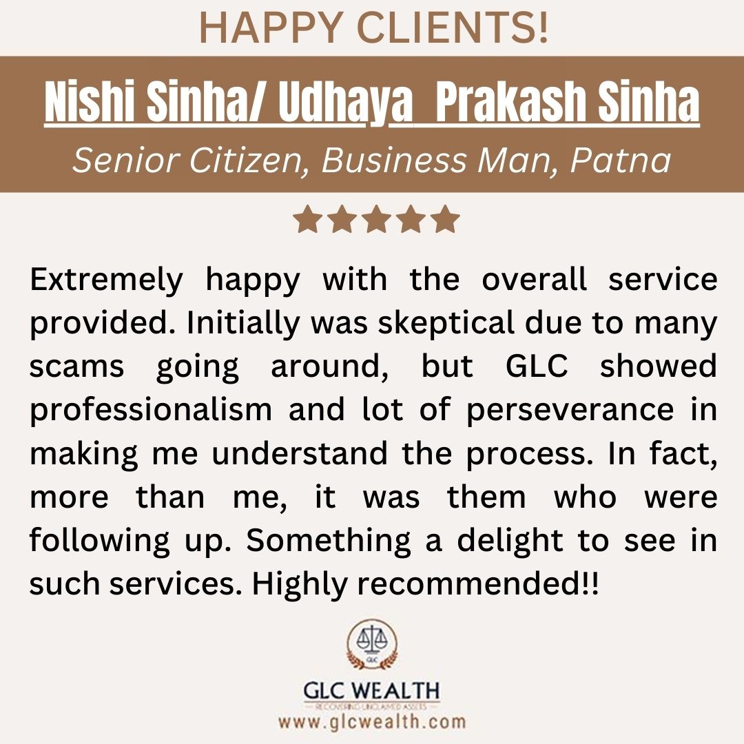 Our Happy Client!

GLC Wealth - Recovering Unclaimed Assets

📲 Call us at +(91)-9310303046
📧Email: advisors@iepfclaim.in
Visit our website: iepfclaim.in

#testimonials #reviews #happycustomers #clientsatisfaction #clientdiaries #clientreview #shares #Dividend #iepf