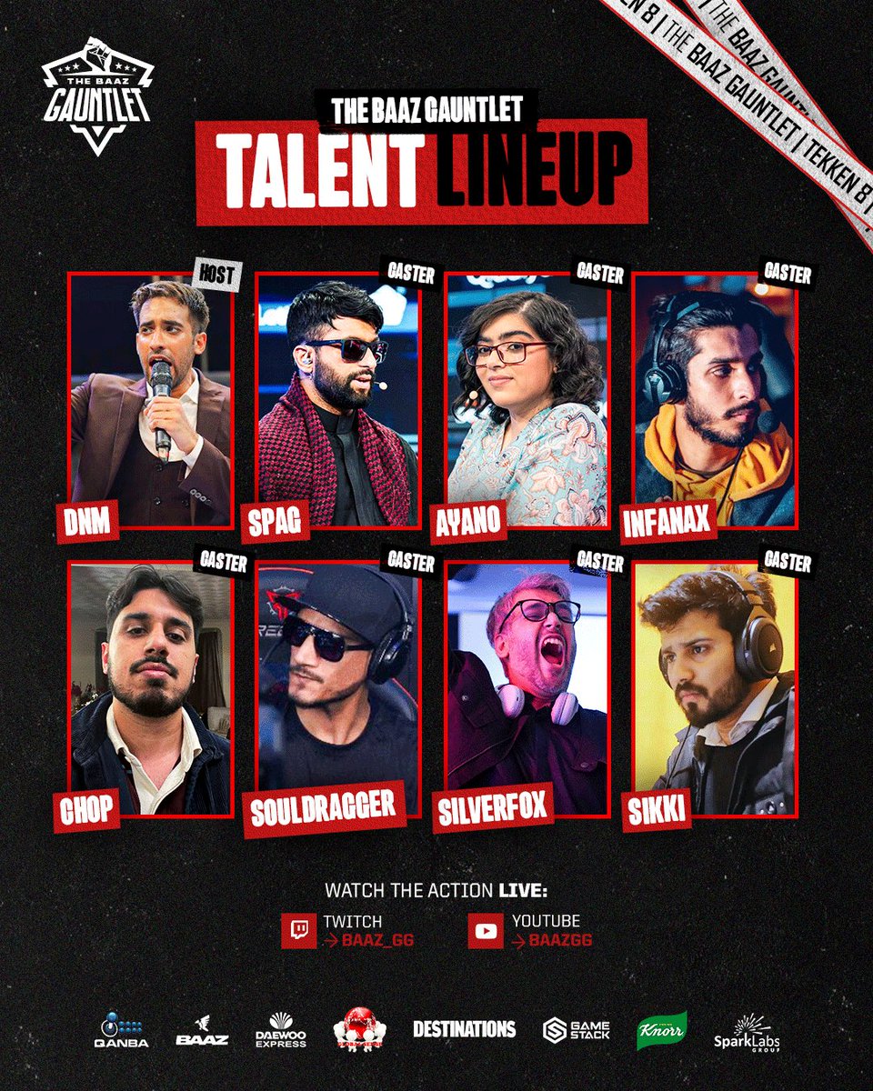 Ladies and Lads, we present to you our talent lineup for the #BaazGauntlet!

INSANE #Tekken8 action coming your way! Don’t miss it 🎙️🎙️🎙️

🗓️ May 10 - 12
📺 youtube.com/@baazgg
📺 twitch.tv/baaz_gg