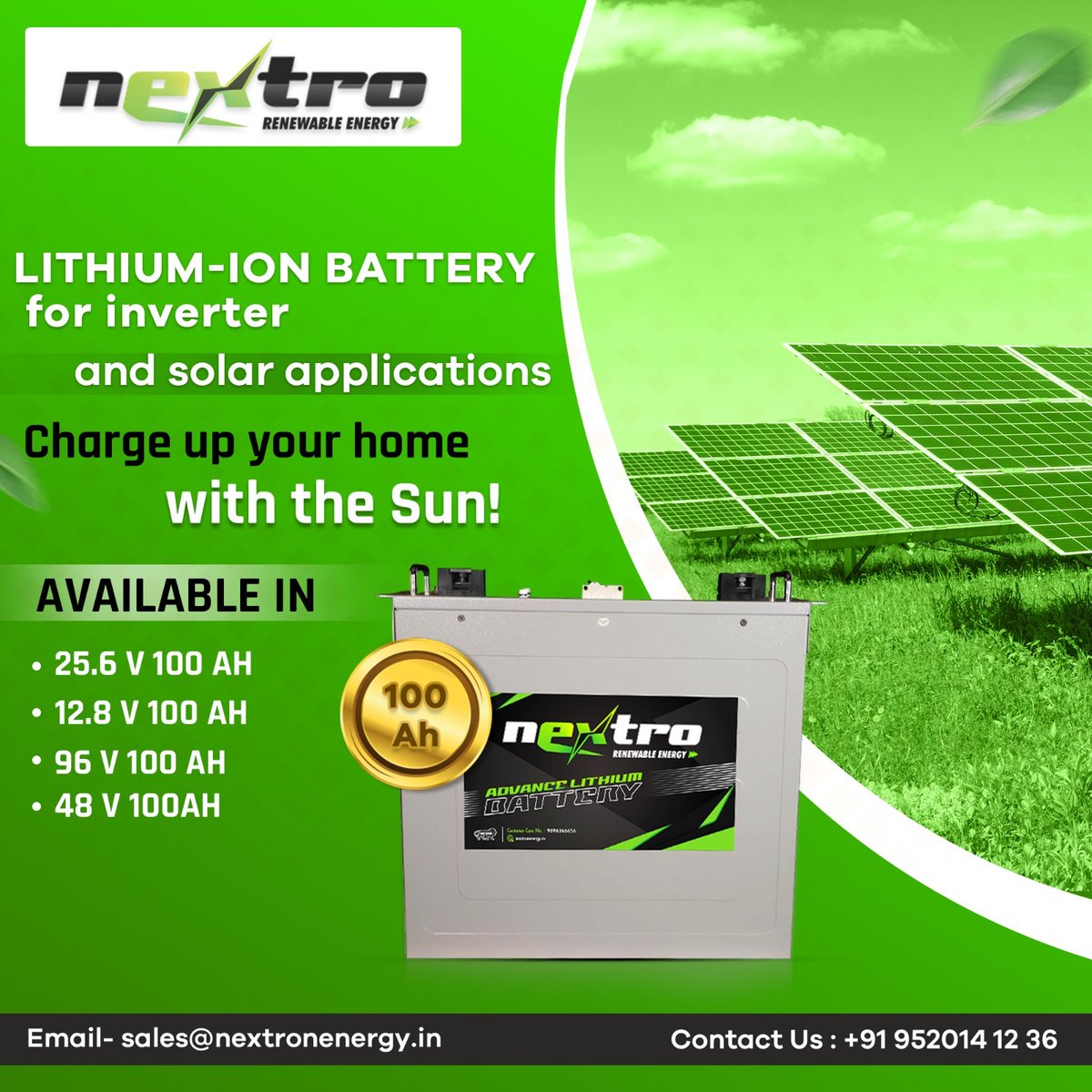 Power up your world with the boundless energy of the Sun with Nextro lithium-ion solar batteries that are fast charging, maintenance free and available in:
12.8 V 100 Ah
25.6 V 100 Ah
48 V 100 Ah
96 V 100 Ah

#NextroBattery #Battery #LithiumIon #InverterBattery #LithiumIonBattery