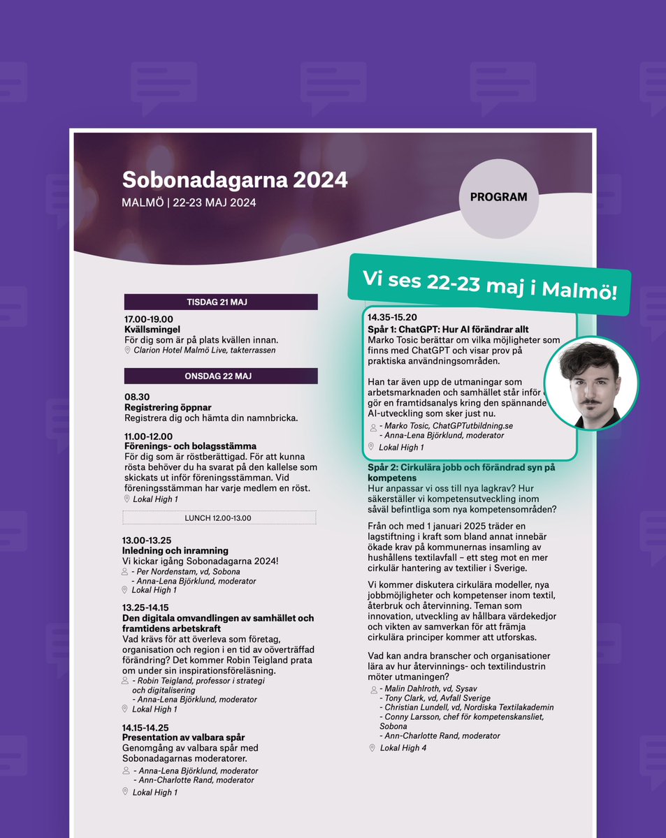 Om bara några veckor har vi nöjet att stå på scen på Sobonadagarna och inspirera och motivera företag och organisationer att både förstå och hänga med i den ChatGPT och generativ AI utveckling som sker här och nu!🤖

Hoppas vi ses på plats i Malmö!🗓️ #chatgpt #ai #sobonadagarna