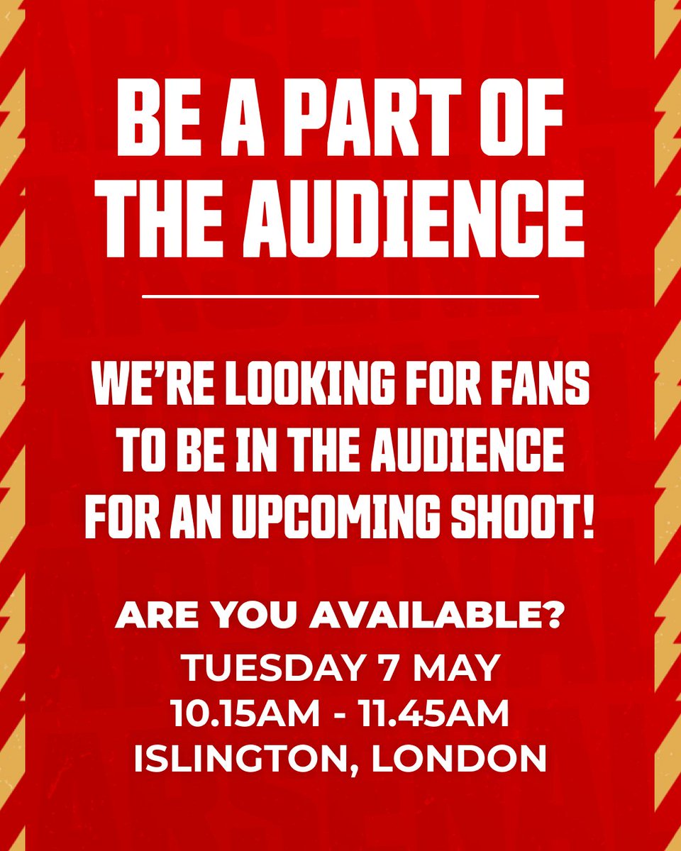 BE A PART OF AN AFTV AUDIENCE! 🍿 We're looking for Arsenal fans to join us for an upcoming shoot... 🗓️ Tuesday 7 May ⏰ 10.15am to 11.45am 📍 Islington, London We'll be reaching out to people later today! Apply here 👉 forms.gle/v42wqD6E4t76MY…