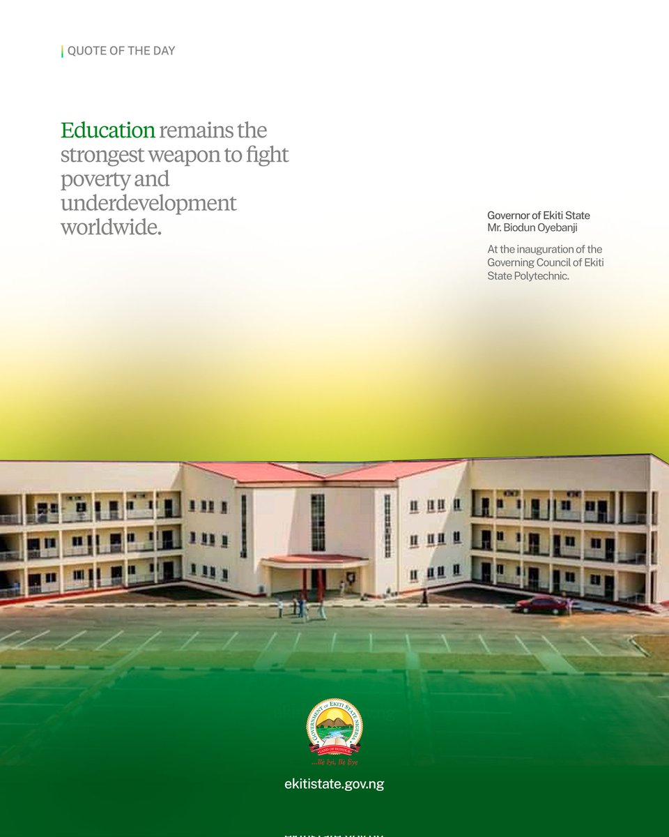 Ekiti State Government remains committed to enhancing existing programmes and services in the education sector. This is in order to equip our people with the right skills and resources to achieve their full potential. #KeepingEkitiWorking #BAOGovernance #SharedProsperity
