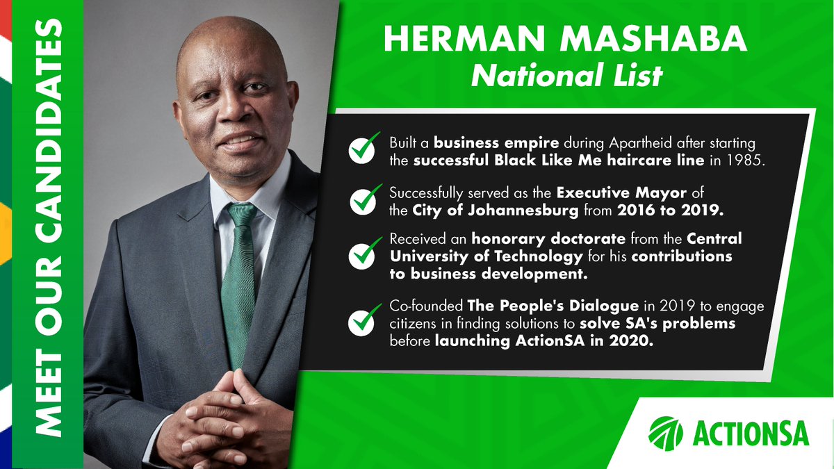 𝗚𝗲𝘁 𝘁𝗼 𝗸𝗻𝗼𝘄 𝗔𝗰𝘁𝗶𝗼𝗻𝗦𝗔 𝗣𝗿𝗲𝘀𝗶𝗱𝗲𝗻𝘁, @HermanMashaba. Mashaba built a business empire in the 1980s when the Apartheid government made this almost impossible to achieve. He served as Mayor of the City of Johannesburg from 2016 to 2019, running a successful…