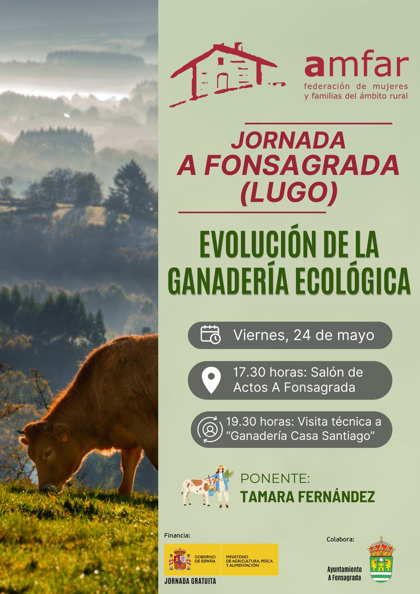 Si te interesa el mundo de la ganadería ecológica y vives cerca de #AFonsagrada (#Lugo), estás de enhorabuena! 🐄🐮 En el cartel puedes encontrar todos los detalles. Participa, es gratuito!! 😊🧐 #ganaderiaecologica #MujeresRurales