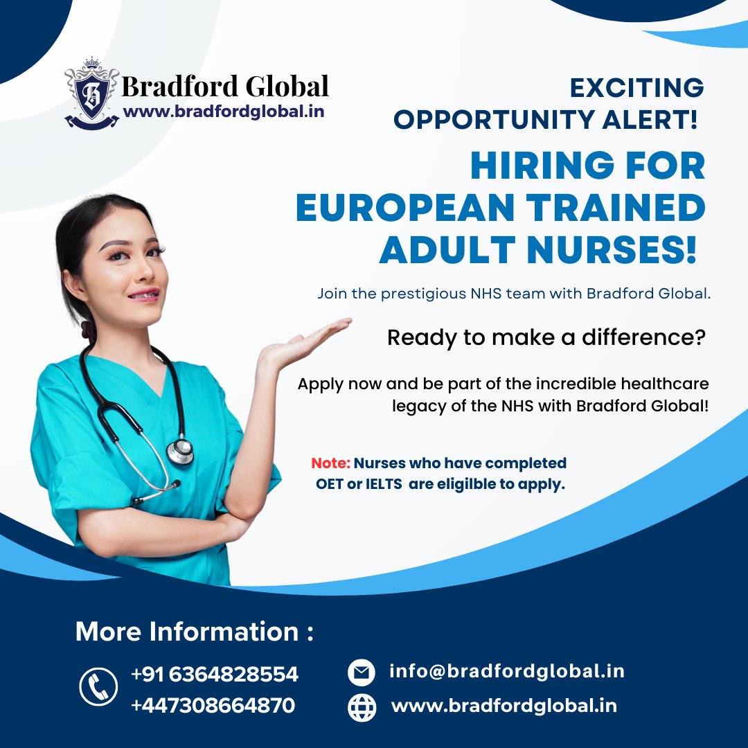 Bradford Global is Hiring for European Trained Adult Nurses with OET/IELTS Certification! Join the prestigious NHS team with Bradford Global #NurseJobs  #JoinUs #BradfordGlobal #NHSJobs #TrainedNurses #TrainedAdultNurses #NHS #NHSTeam