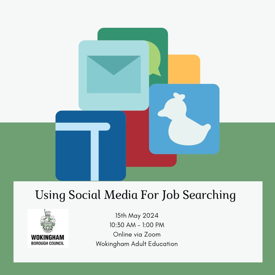 2 Brand new online course available for those living in the Wokingham area, looking for work, and wanting to create their CV and use Social Media For Job Searching 
Contact @wbcacl to book your place

#Wokingham #AdultLearning #JobSeekers #DesignYourCV #SocialMediaForJobSearches