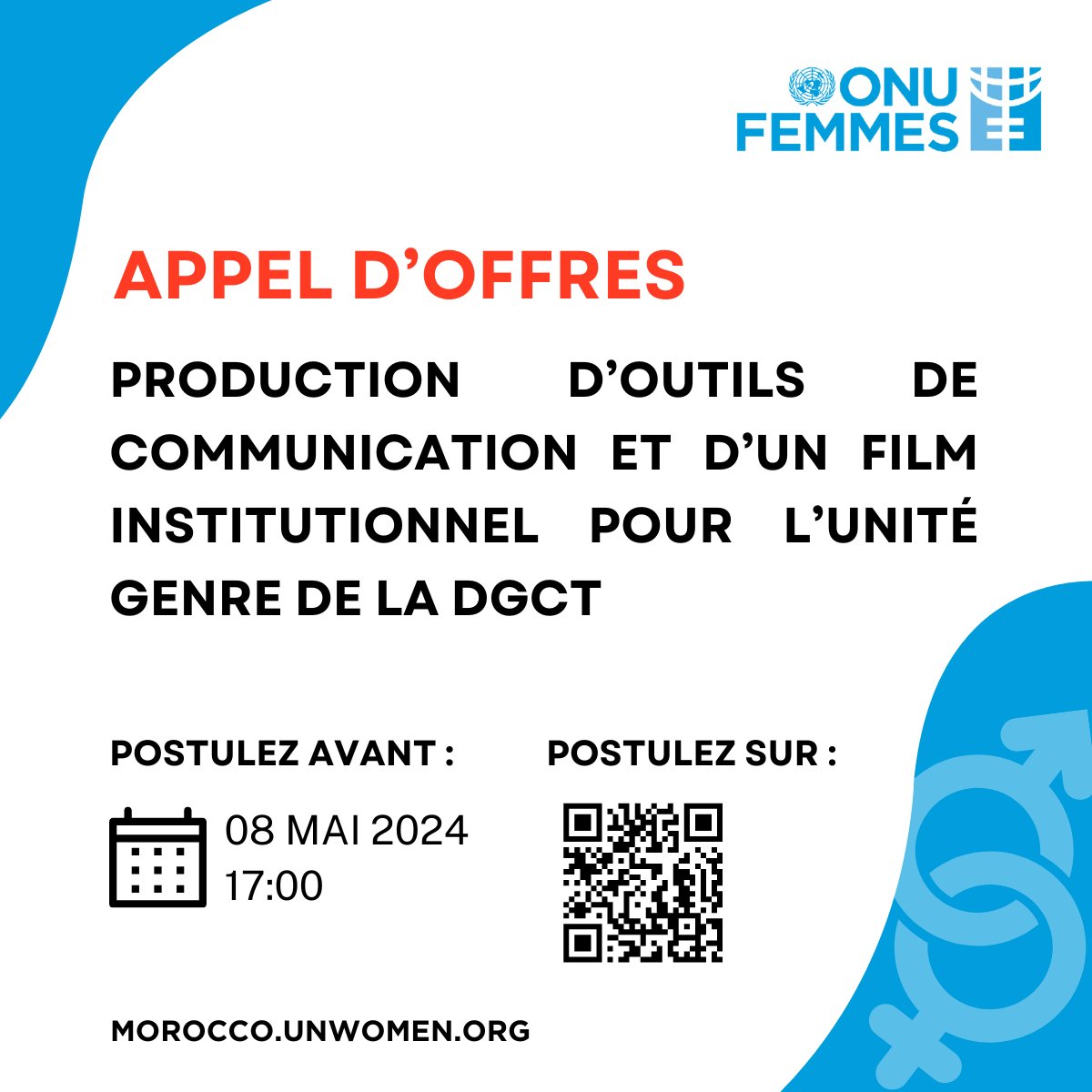 @ONUFemmesMaroc lance un appel d'offres pour le recrutement d'une agence de communication pour la production d’outils de communication et d’un film institutionnel pour l’unité genre de la DGCT. 📅Date limite de soumission : 08 mai à 17:00 🔗Candidature : ungm.org/Public/Notice/…