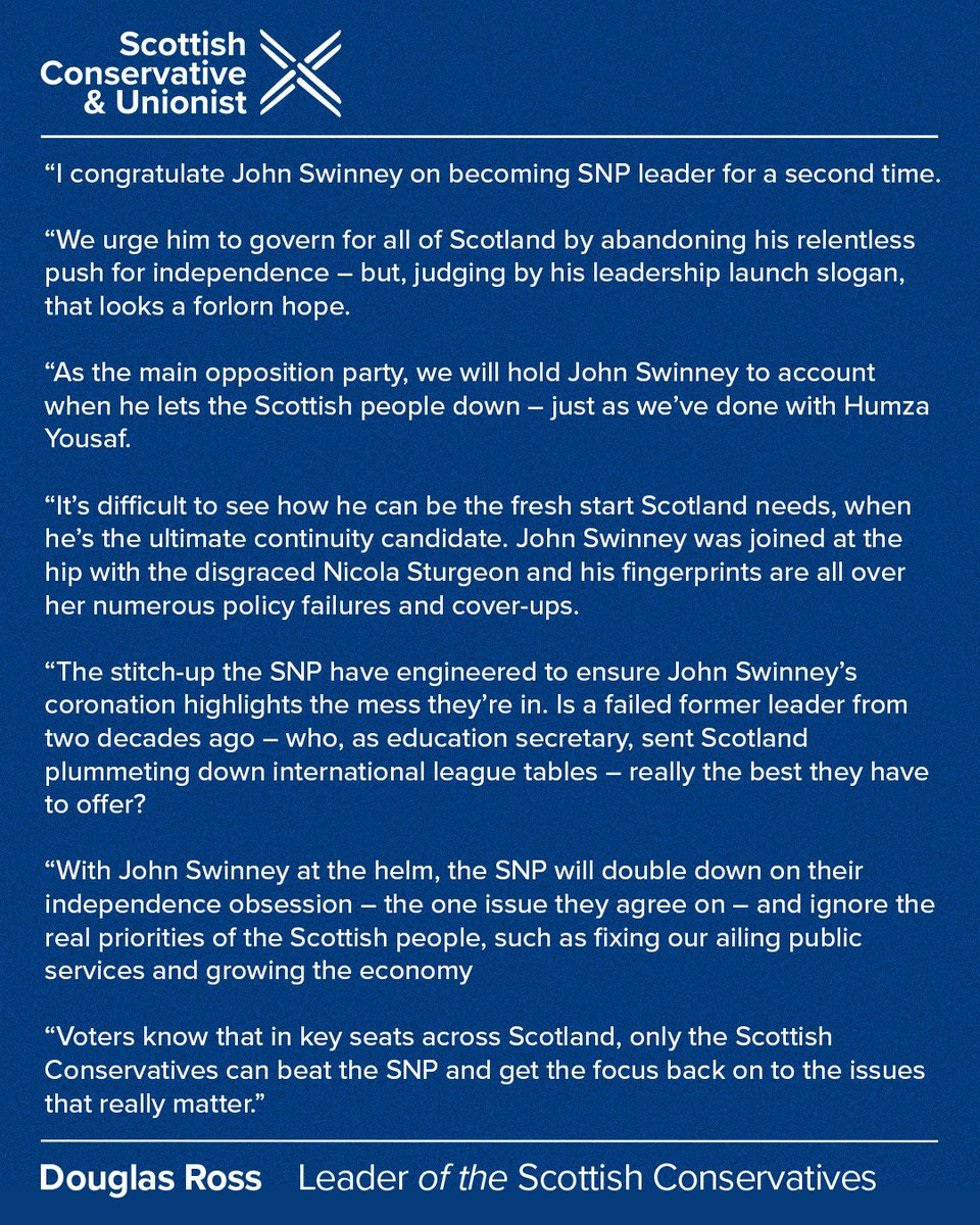 I congratulate John Swinney on becoming SNP Leader today. But under him, the SNP will double down on independence obsession and ignore real priorities of people across Scotland. Only the @ScotTories can beat them in seats across the country and focus on the issues that matter.