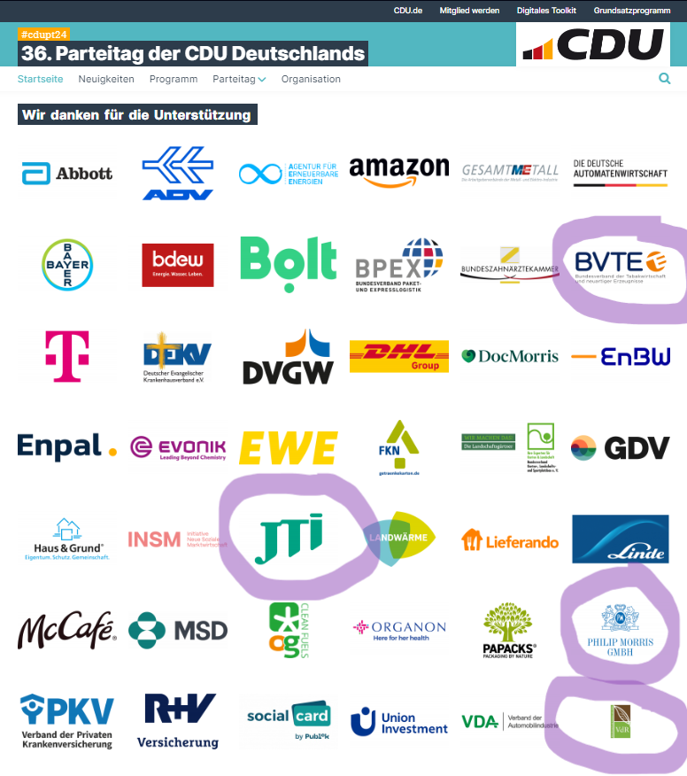 Die @CDU im Sumpf der Tabaklobby. Eine Branche, die jährlich allein in Deutschland 130.000 Tote zu verantworten hat! 🚬💀🕵️
Geld wird über #Gesundheit & Menschenleben gestellt. ❌Verstoß gegen Art. 5.3 #FCTC & großes Hindernis für wirksame #Prävention & #Kinderrechte! 🚭
#cdupt24