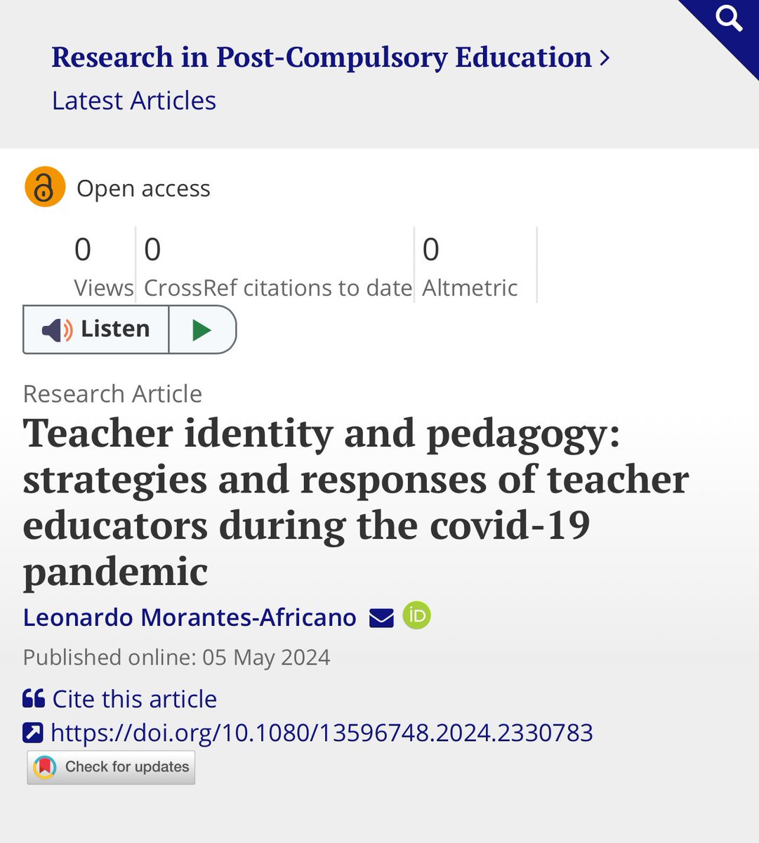 Thank you @tandfonline for publishing my paper about the relationship between teacher identity and pedagogy, which I considered important for decision making during the pandemic 🙏🏽 @ARPCEresearch @UofGEducation bit.ly/4bntcJt