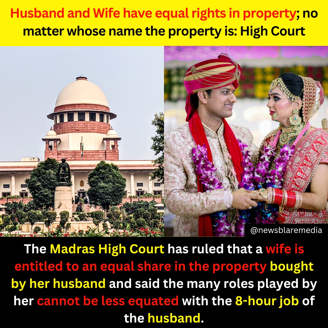 The Madras High Court has ruled that a wife is entitled to an equal share in the property bought by her husband.

#MadrasHighCourt #HighCourt #news #property #rights #husband #wifeygoals #PropertyDispute #disputes #equalshares #ownership #extramaritalaffair #trendingnews
